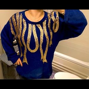 Victoria Harbour blue sweater with gold sequin embellishment, medium, vintage